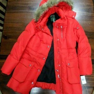 Women's LAUREN RALPH LAUREN Feather Down Red Puffy Winter Jacket Fur Hood Small
